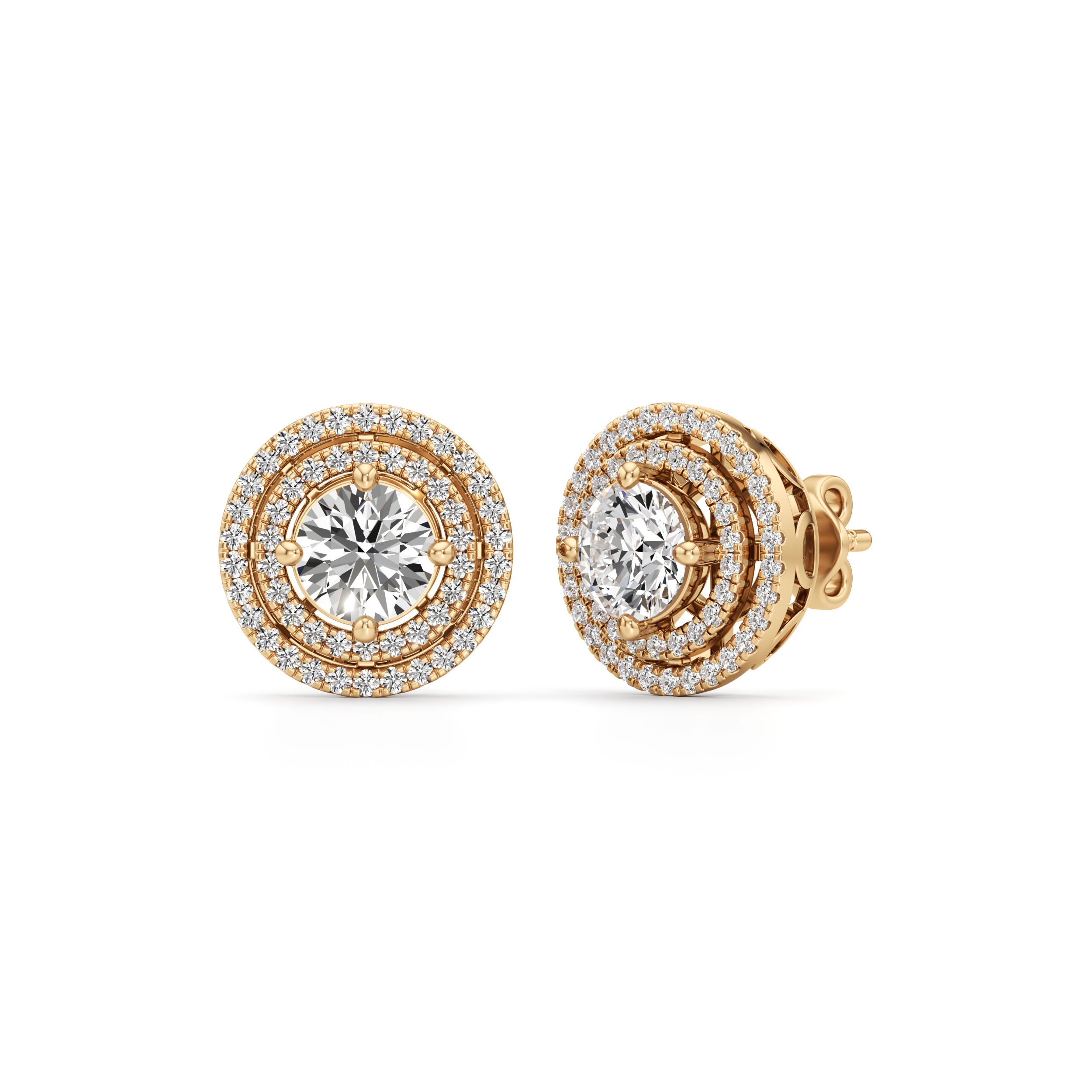 Triple Halo Diamond Gold Earrings