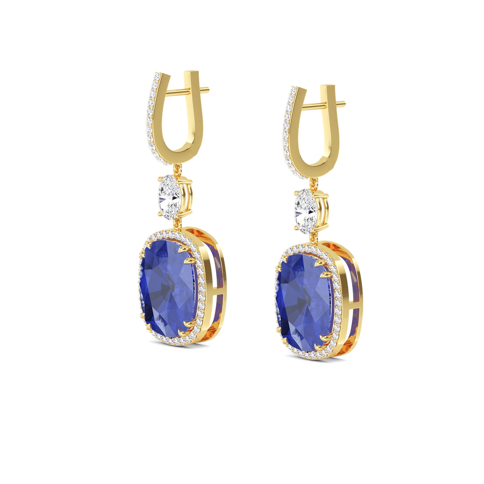 Elegant Blue Sapphire and Diamond Drop Gold Earrings