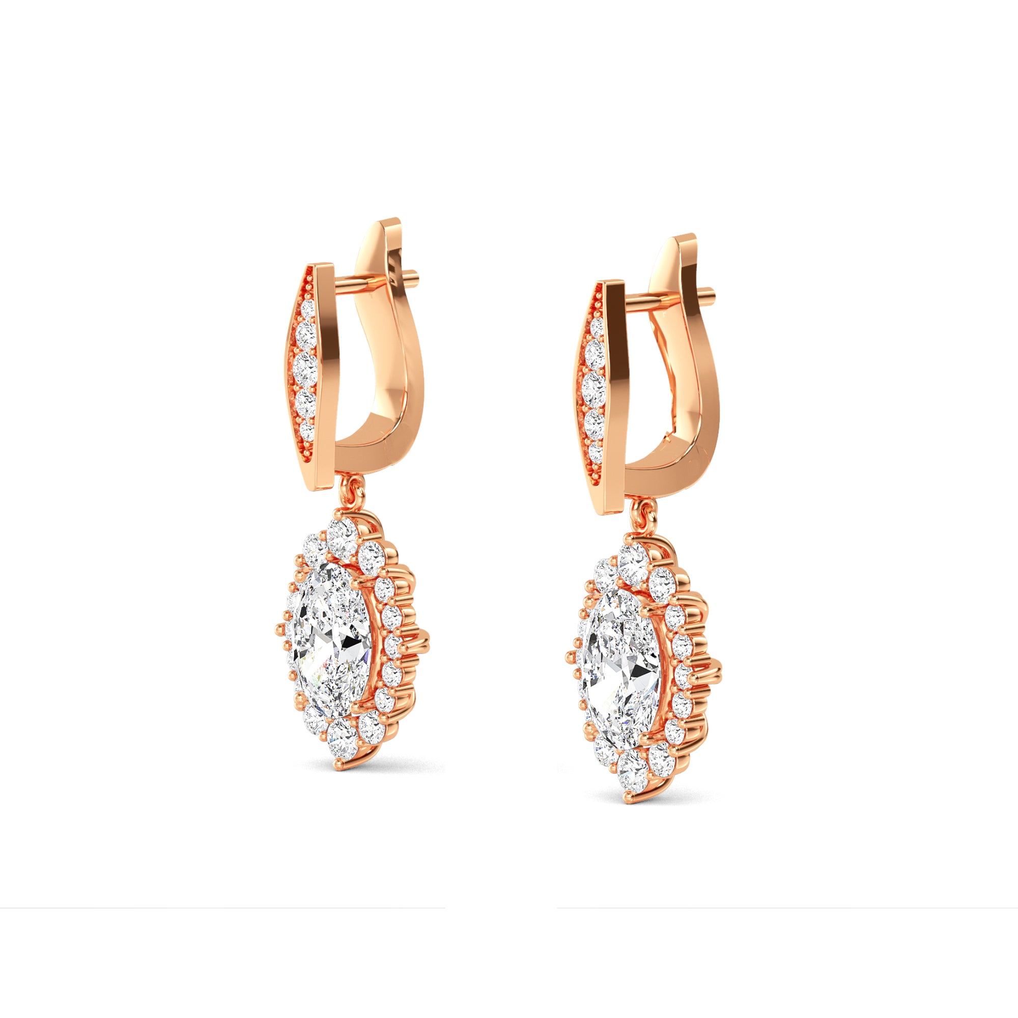 Oval Diamond Halo Drop Gold Earrings