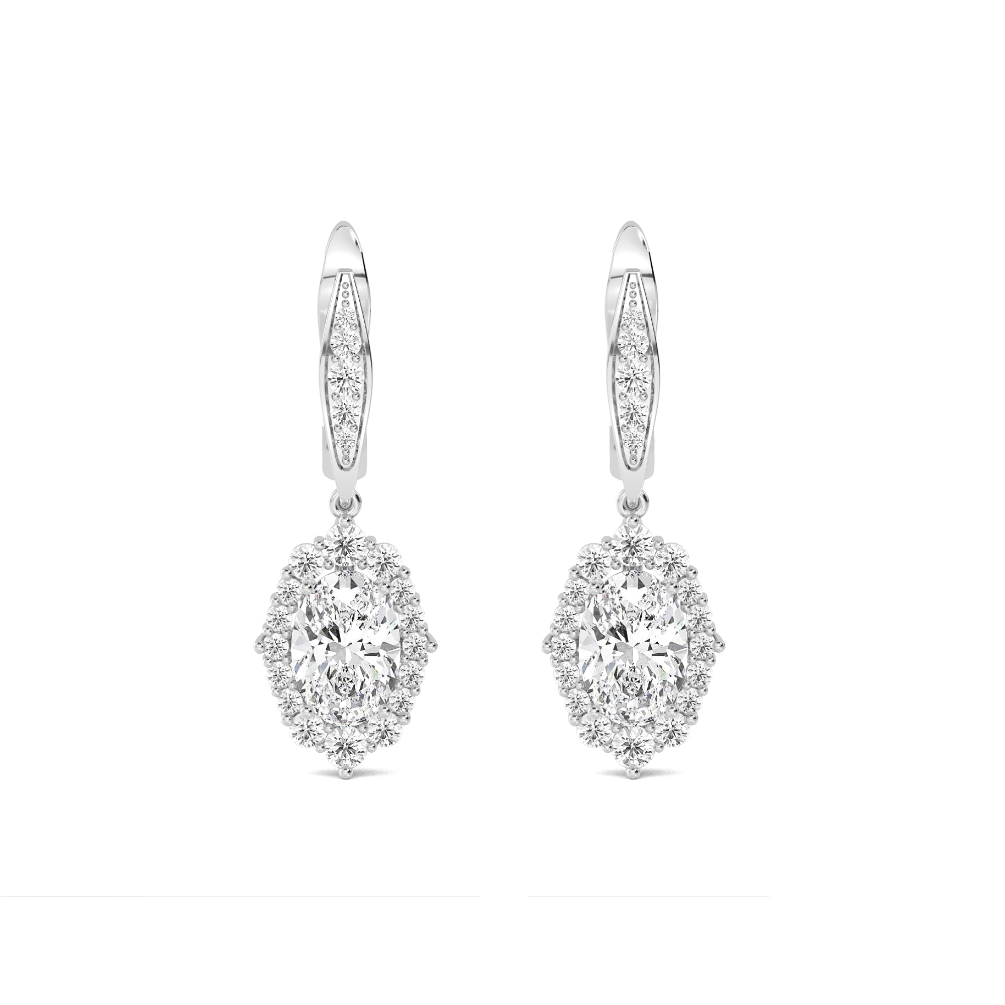 Oval Diamond Halo Drop Gold Earrings