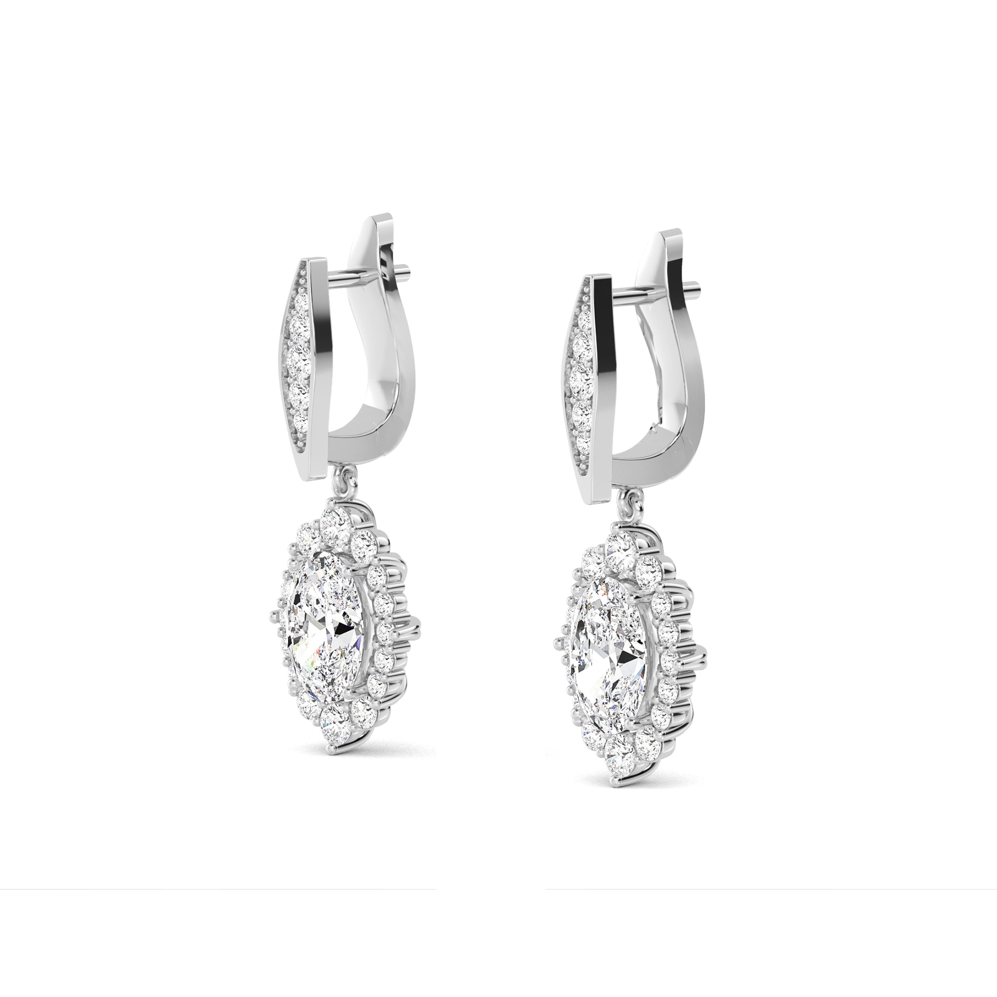 Oval Diamond Halo Drop Gold Earrings