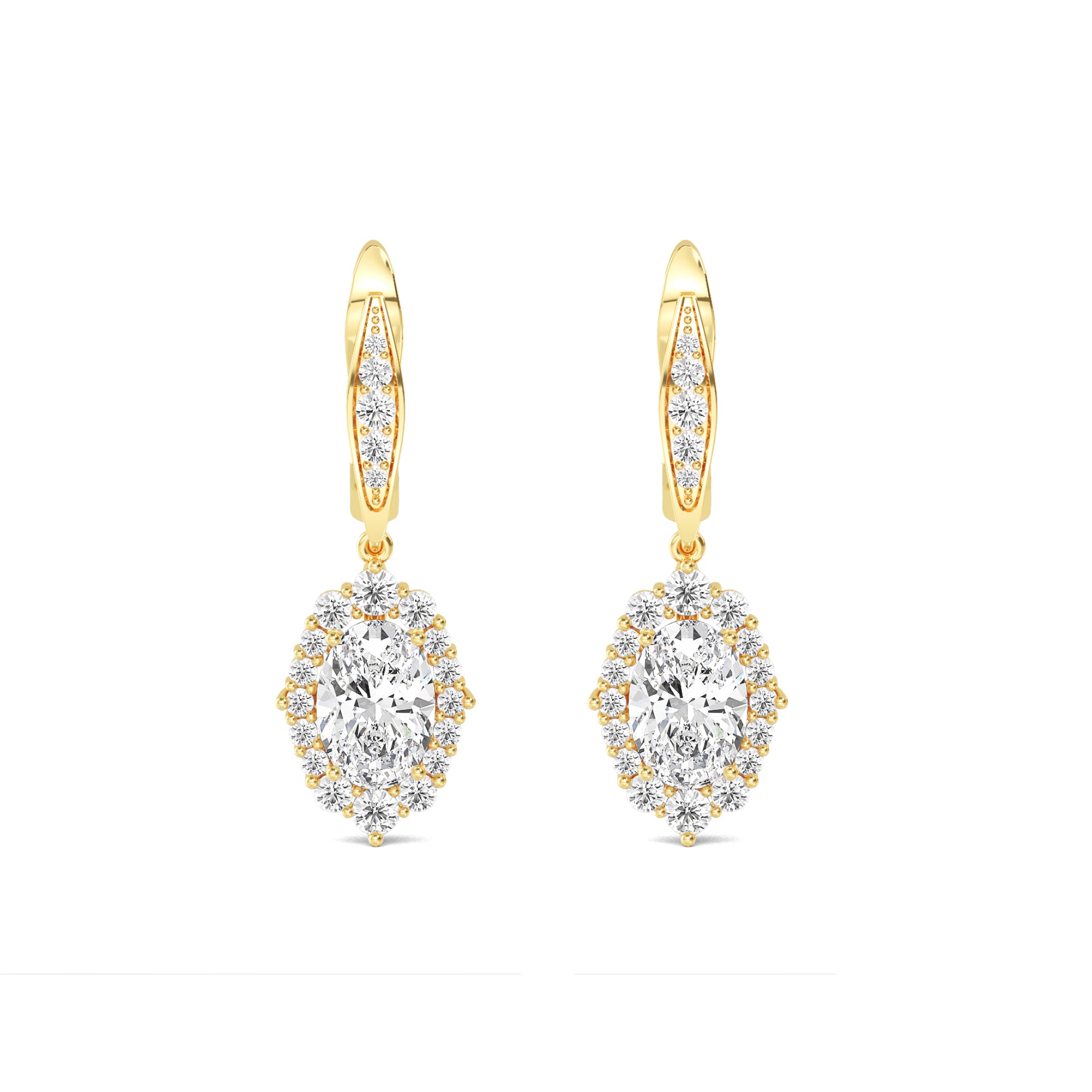 Oval Diamond Halo Drop Gold Earrings