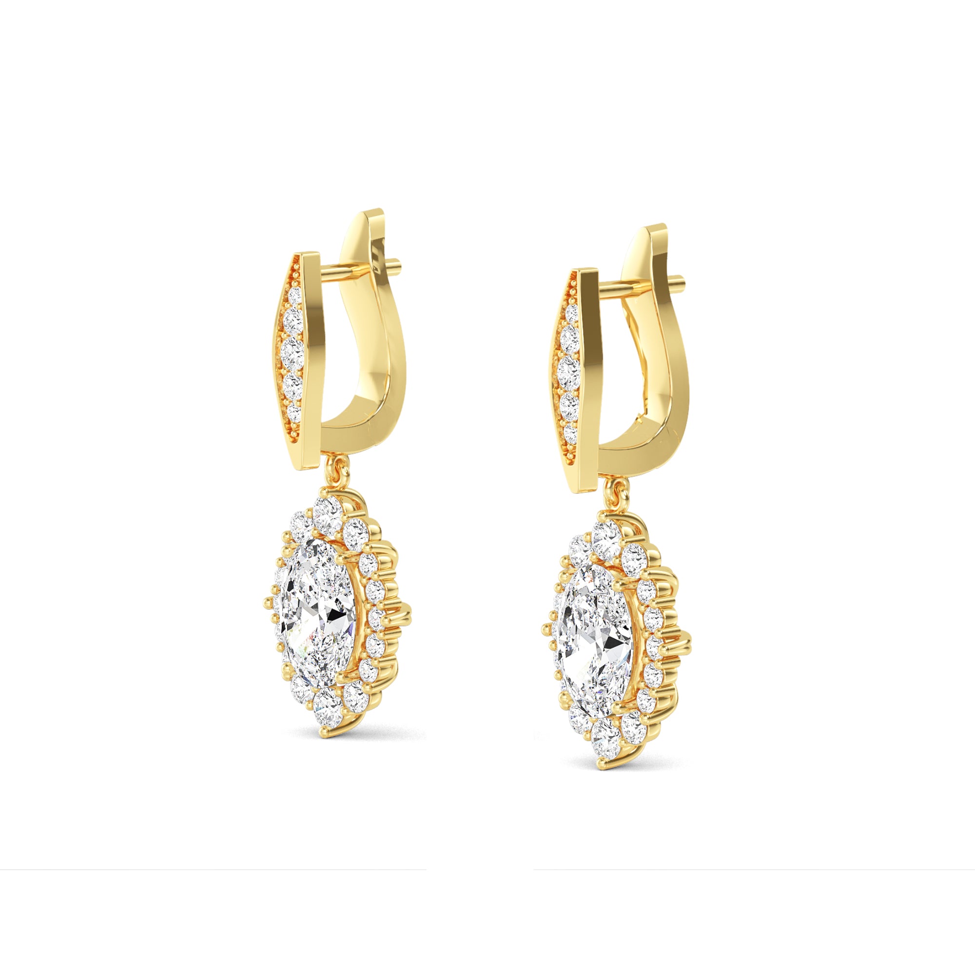 Oval Diamond Halo Drop Gold Earrings